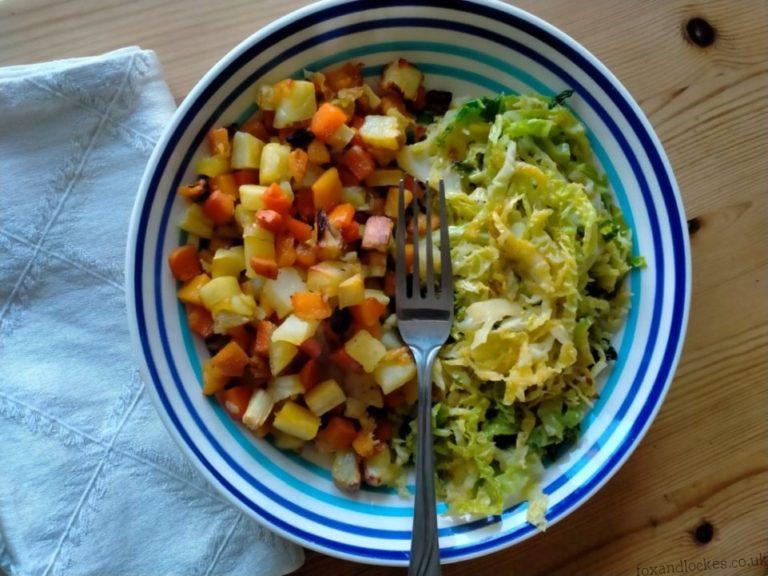 Healthy Vegan Lunch: Roasted Root Veggies and Sauteed Cabbage